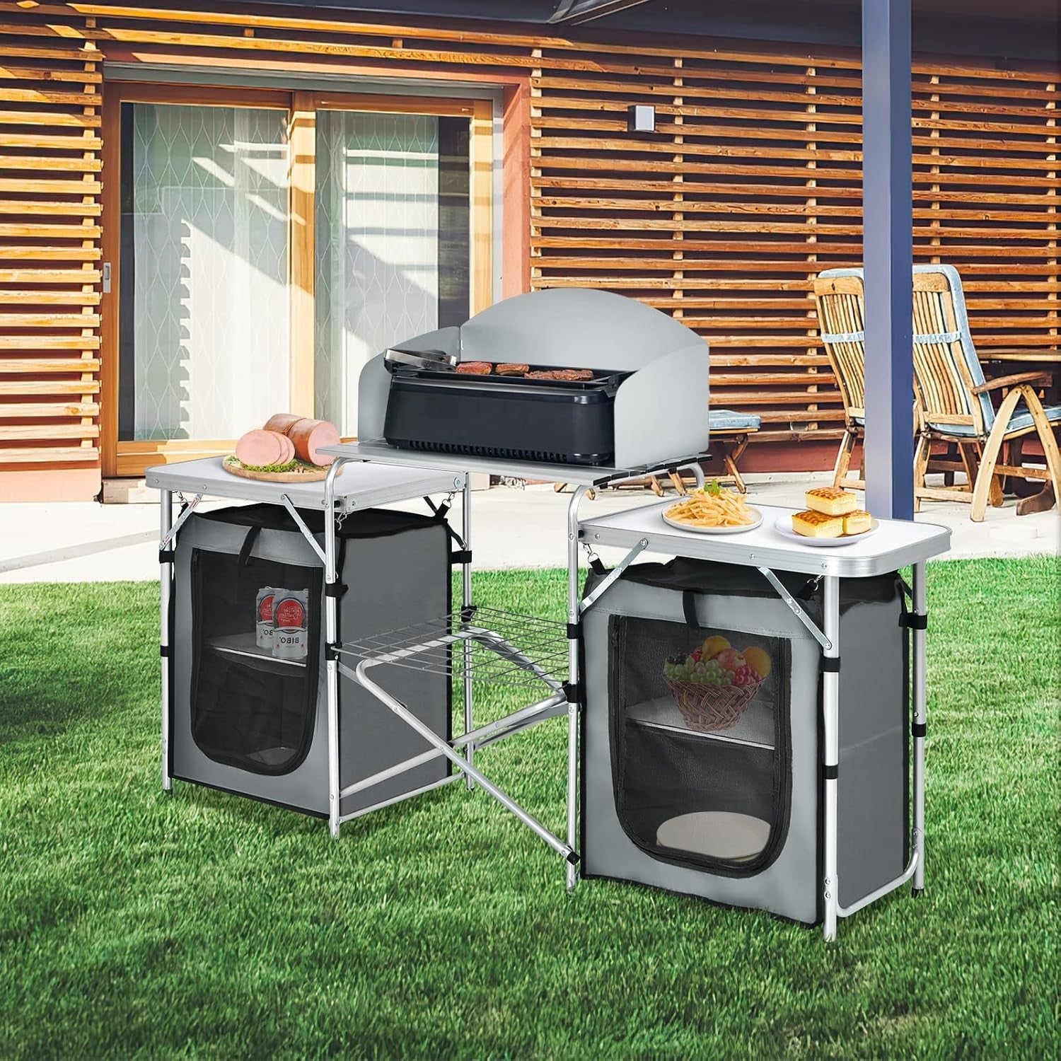 Camping Kitchen Table Outdoor Folding BBQ Cooking Unit 172x48x110cm