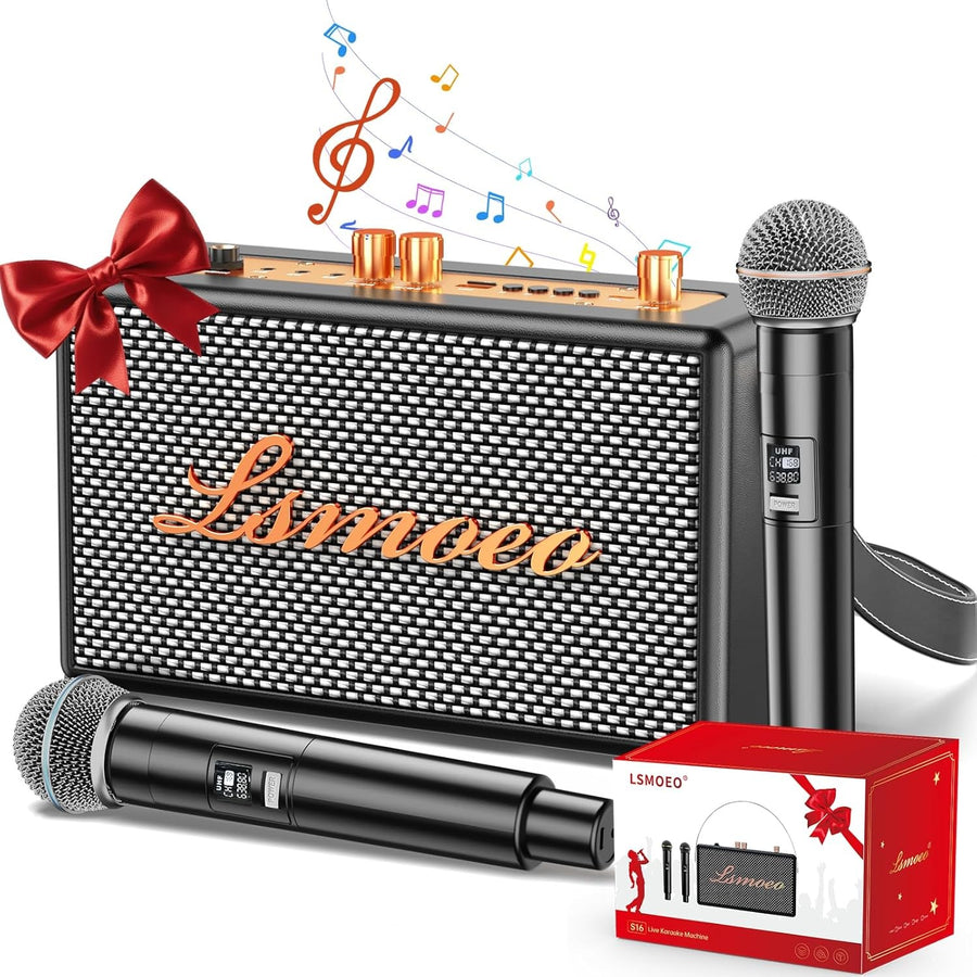 Portable Karaoke Machine Black 2 Wireless Mics Party Speaker