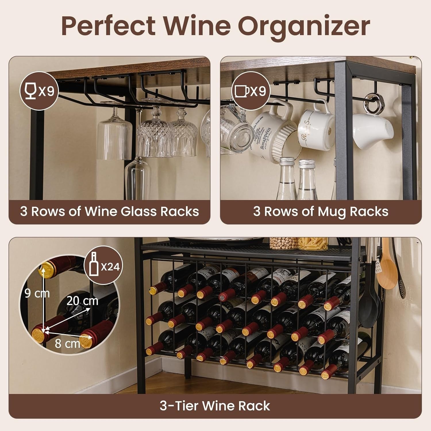 4 Tier Wine Bar Cabinet with Power Outlets, 24 Bottle Rack, Glass & Mug Holder