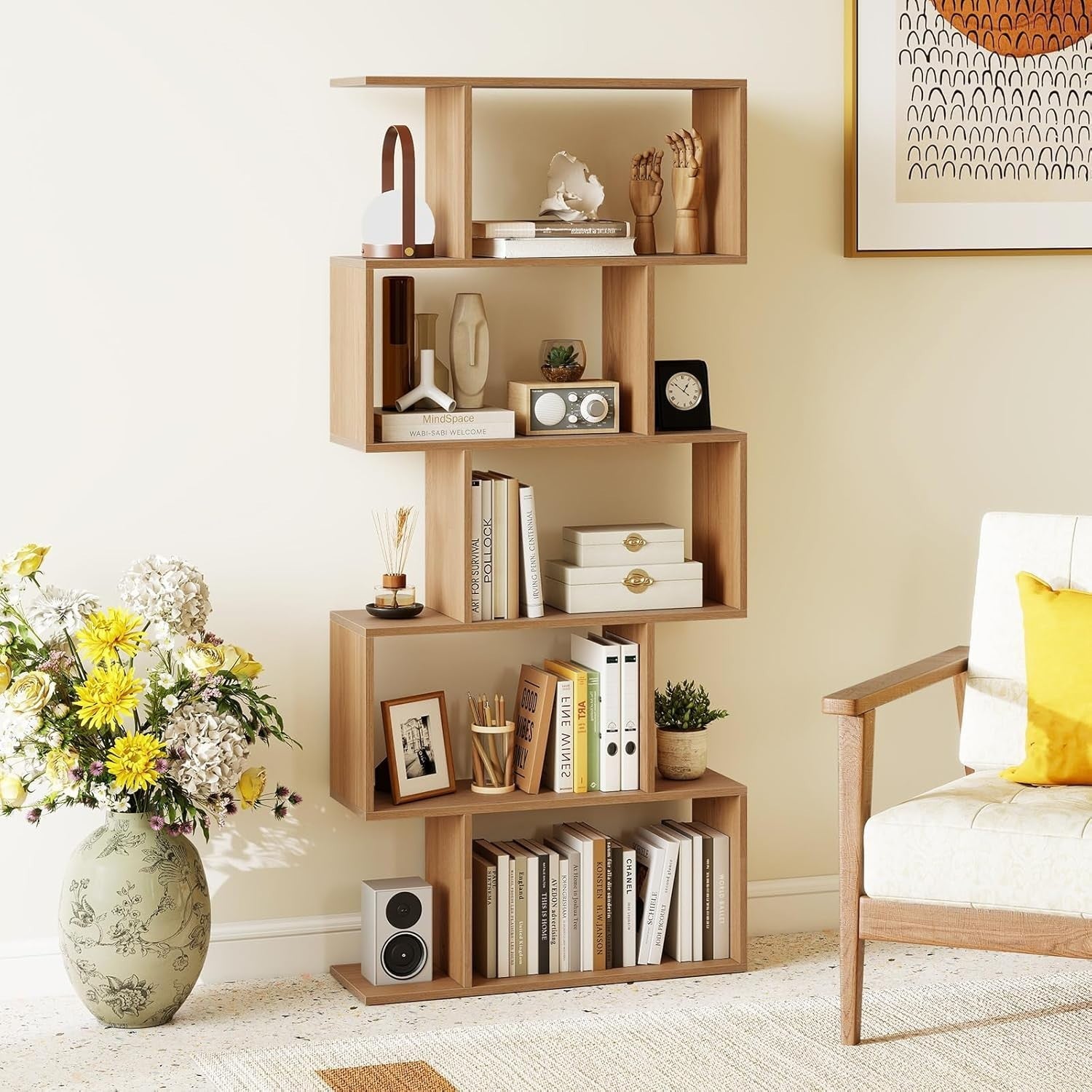 S Shaped 5 Tier Wooden Bookcase Freestanding Display Storage Shelf Natural