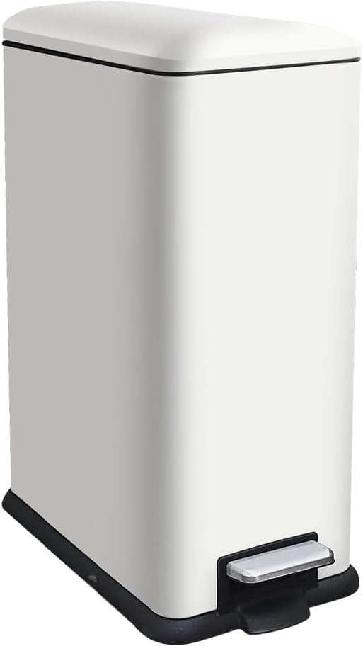 45L White Stainless Steel Pedal Bin Slim Kitchen Soft Close Lid