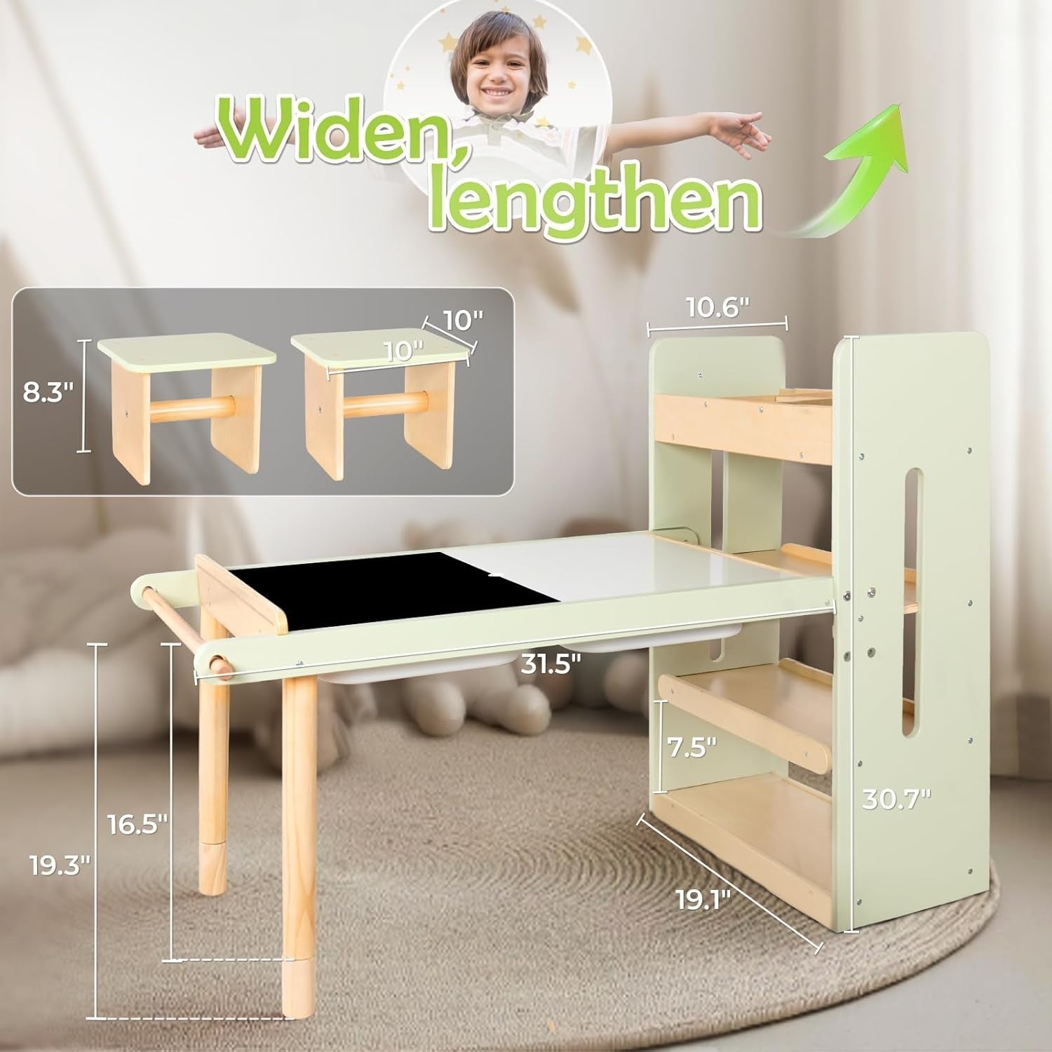 Kids Sensory Activity Table with Chairs Storage Bins Art Blackboard Whiteboard