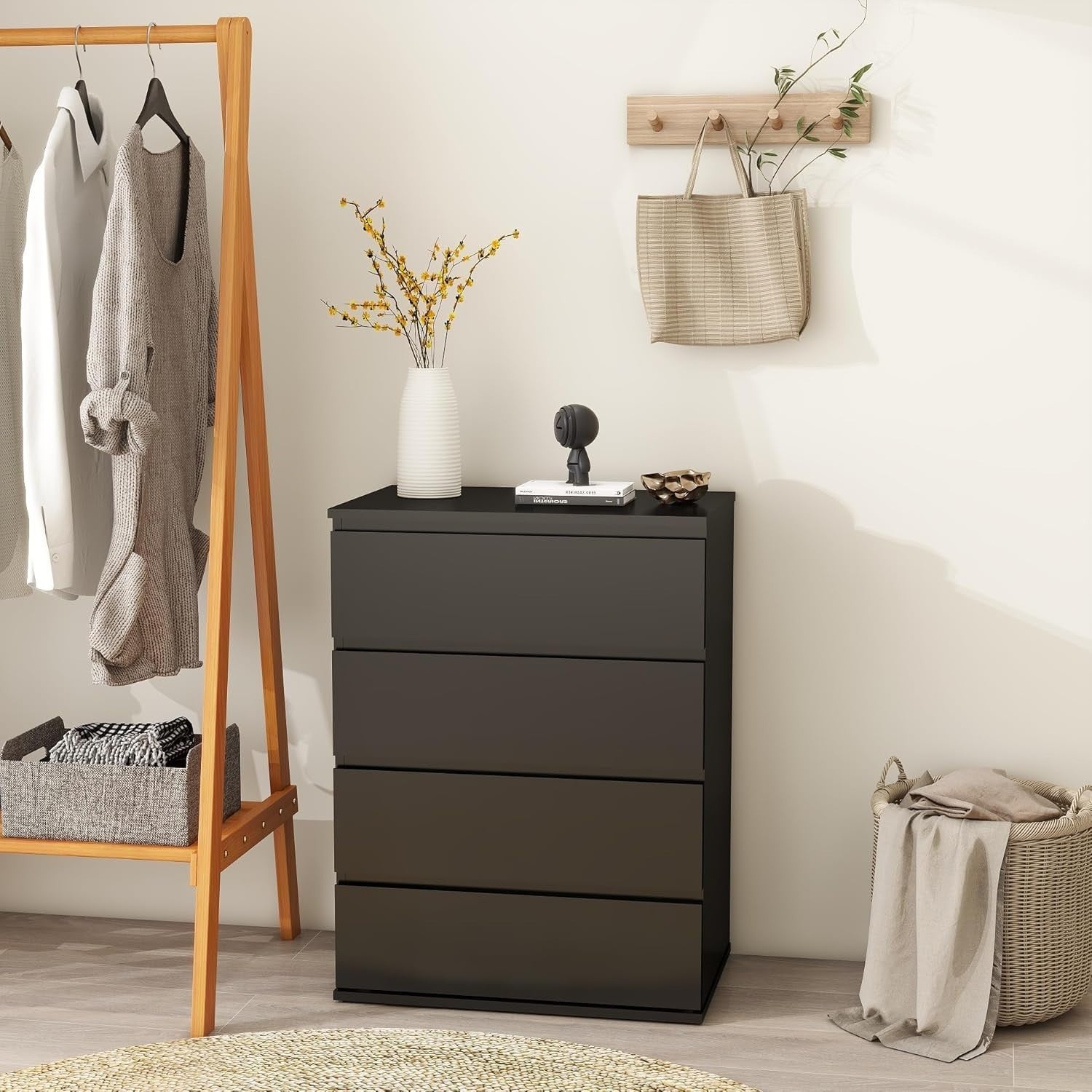 Modern Black Wooden Chest of Drawers 4-Drawer Tall Dresser Storage Organizer