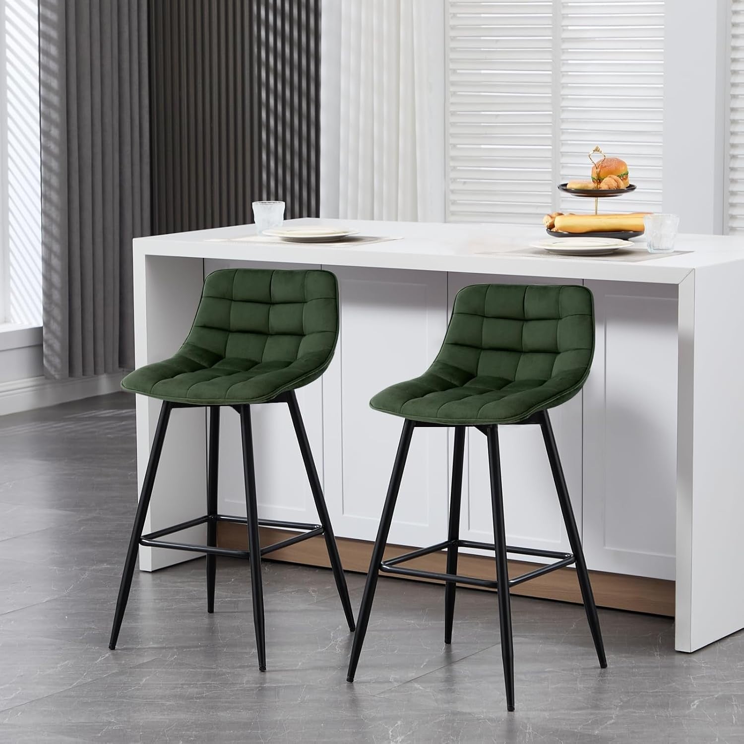 Dark Green Velvet Bar Stools Set of 2 – Ergonomic Kitchen & Counter Seats