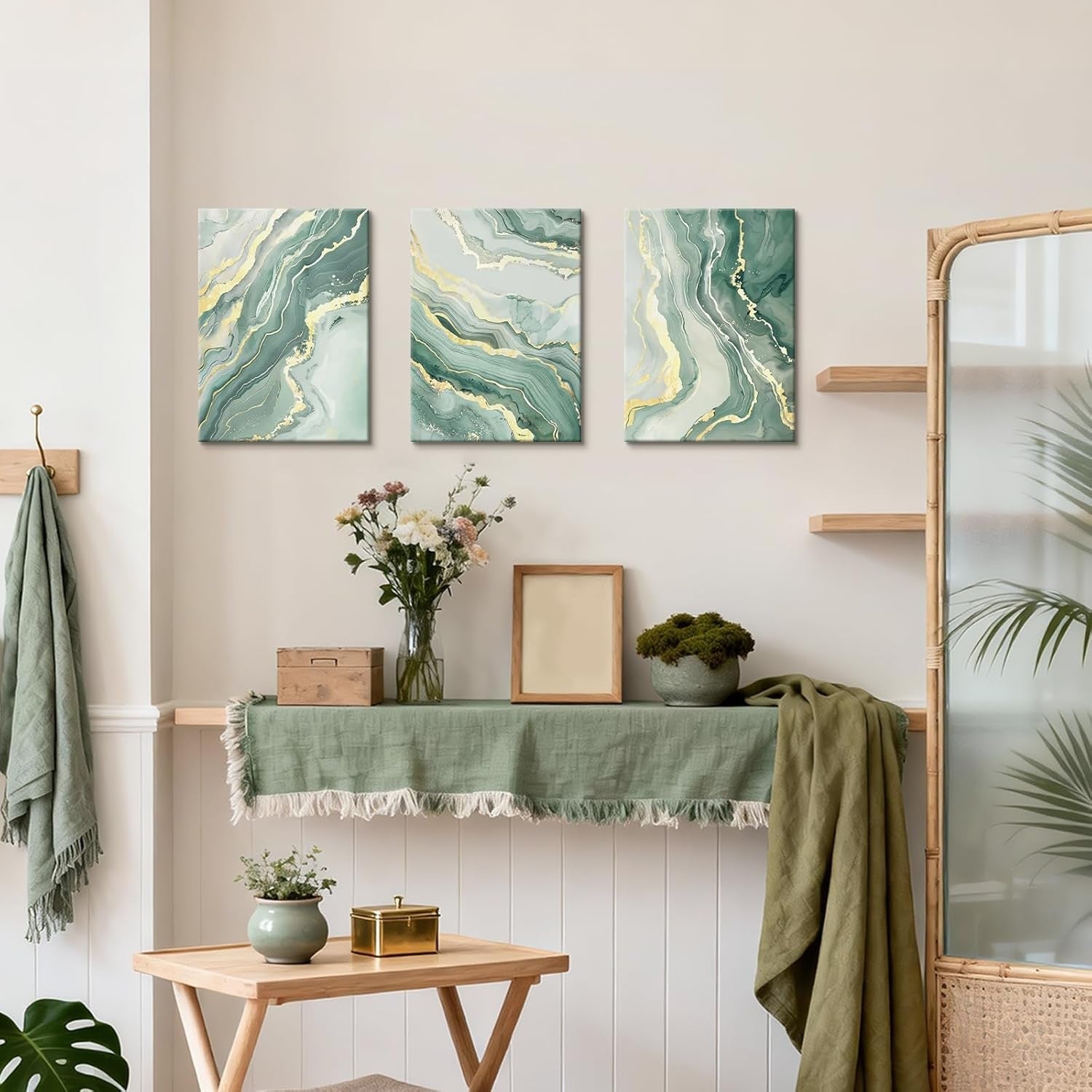 Set of 3 Sage Green Gold Abstract Canvas Wall Art 30x40cm
