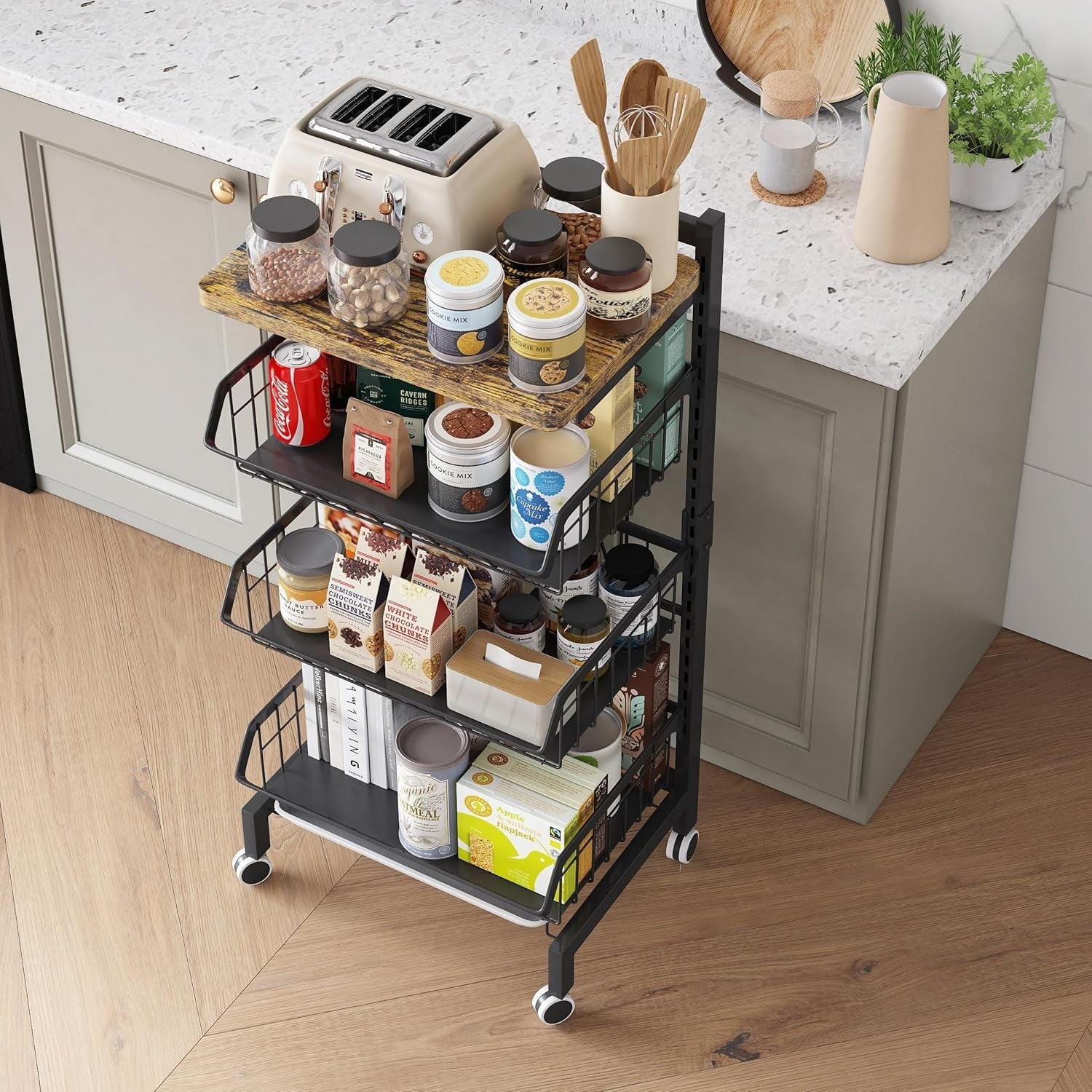 4 Tier Rolling Kitchen Trolley Vegetable Fruit Storage Cart Black