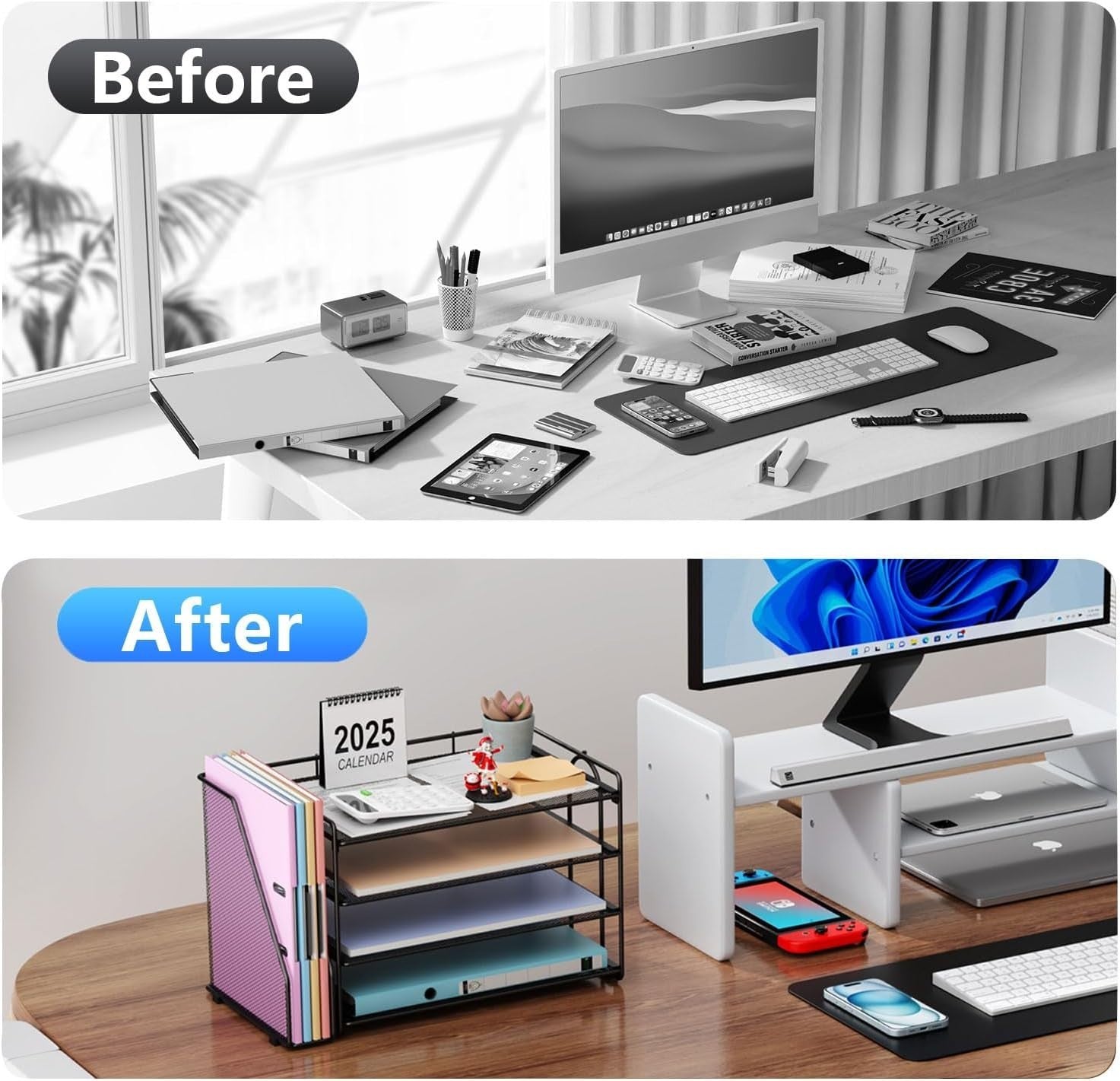 4-Tier Desk Organizer with Magazine Holder | Metal File & Paper Storage