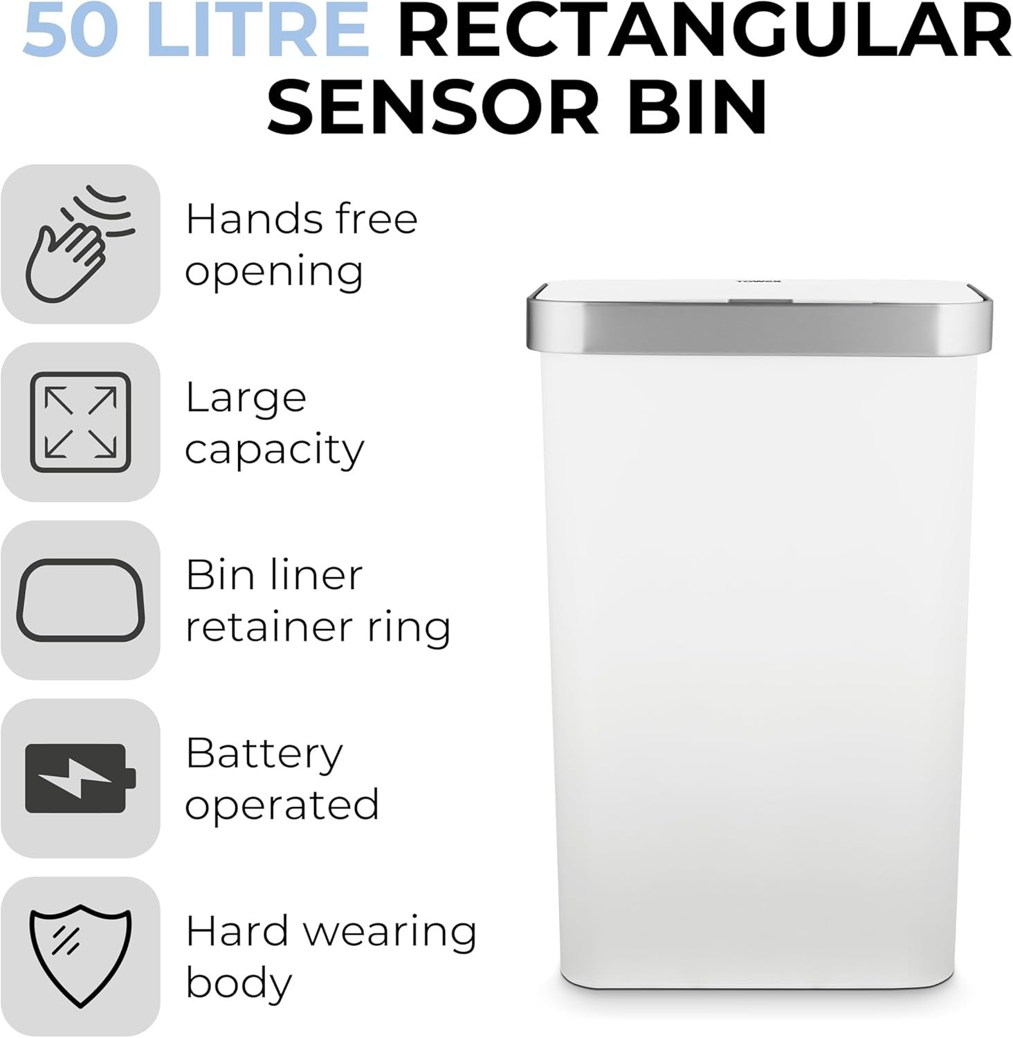 50L Automatic Sensor Kitchen Bin Rectangular Touchless White