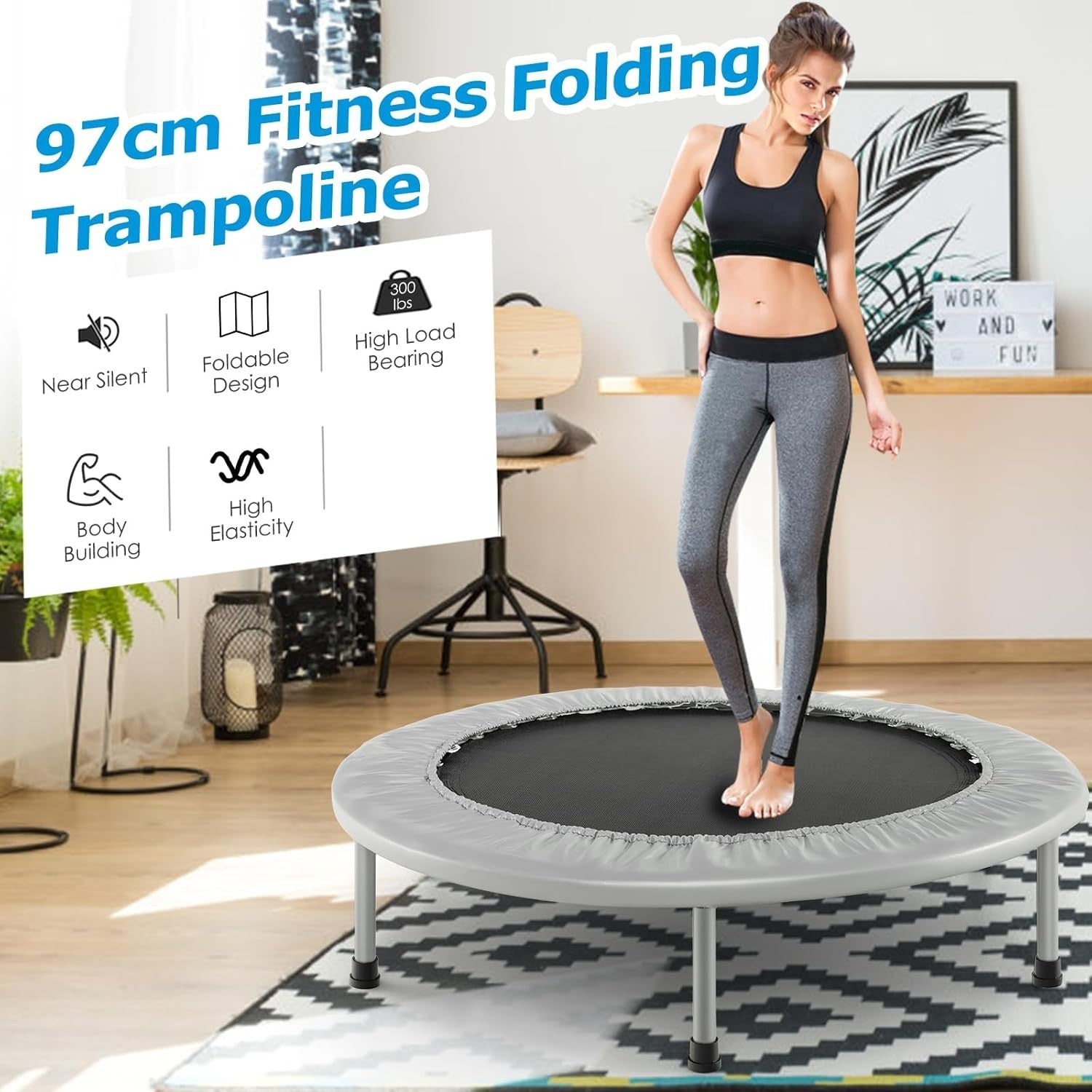 38in Foldable Fitness Trampoline Indoor Outdoor Rebounder 150KG