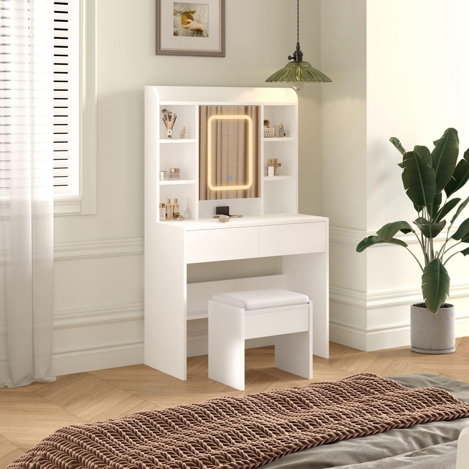 Modern White Dressing Table Vanity Set LED Mirror Adjustable Shelves Wood