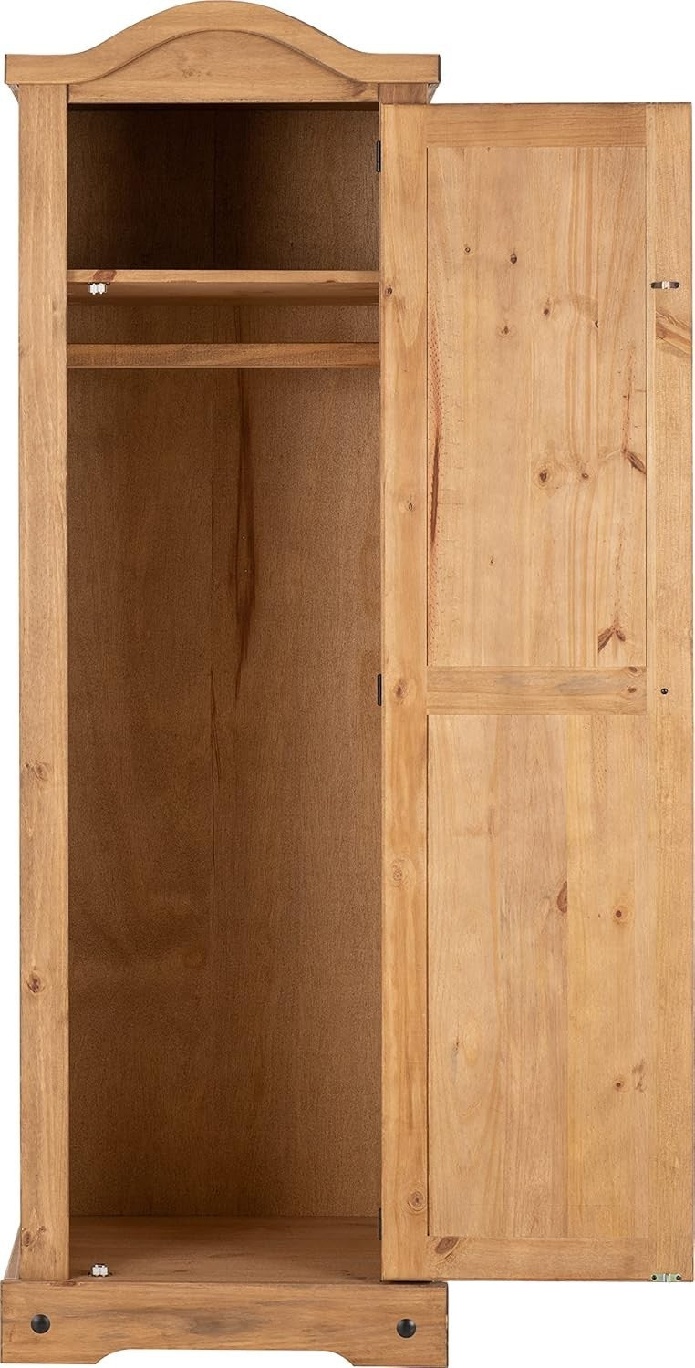Rustic 1 Door Distressed Waxed Pine Wardrobe - Compact, Durable Storage