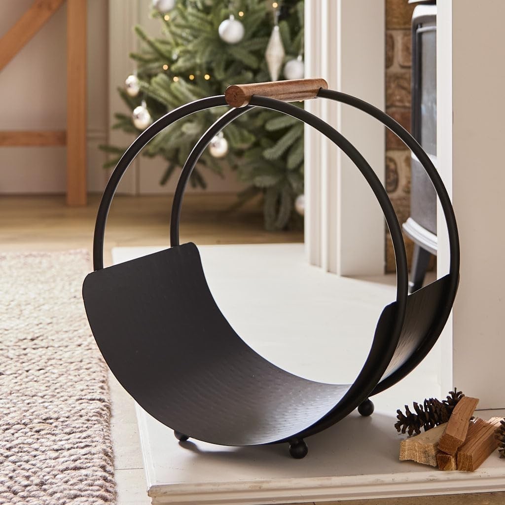 Log Holder Cradle Basket Black Iron Firewood Storage | Indoor Fireplace