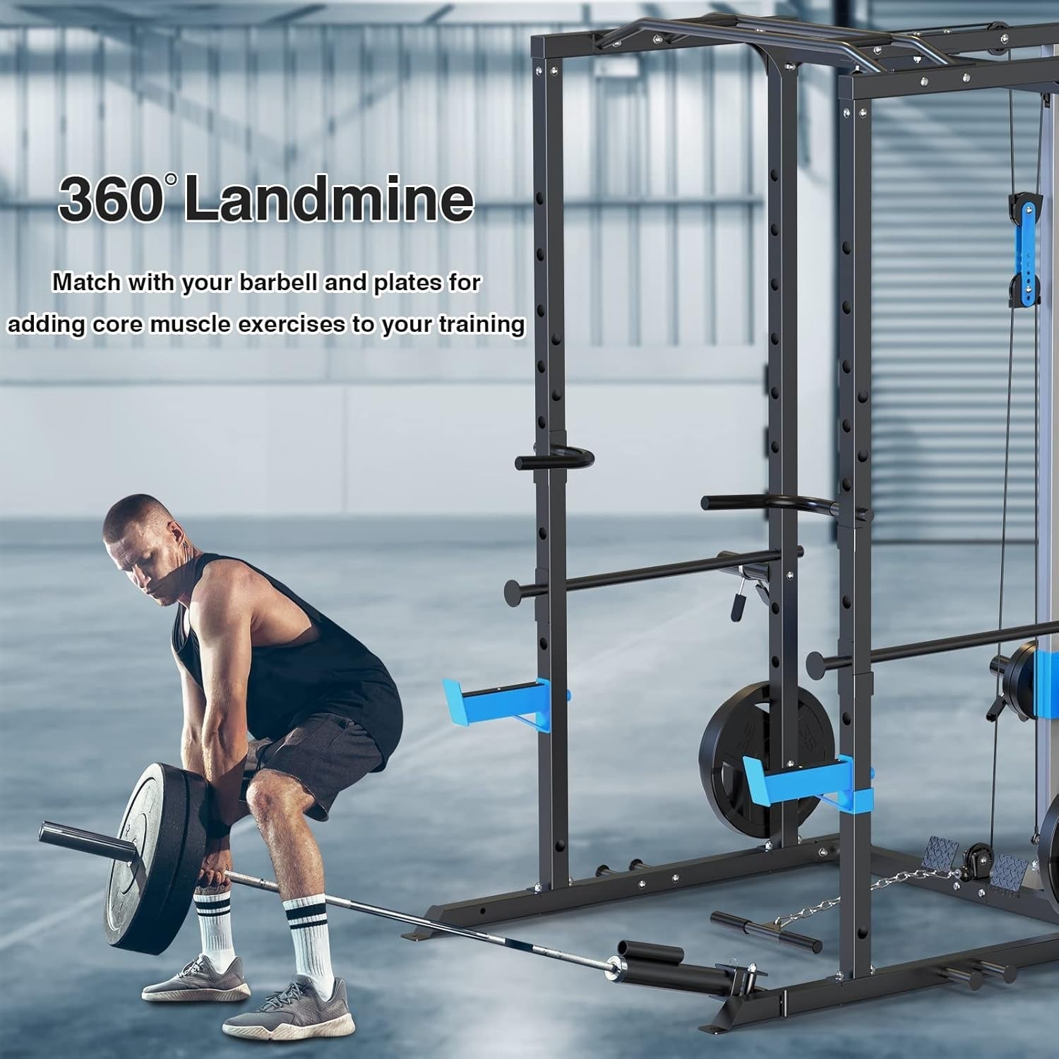 Multi-Functional Power Rack Cage J-Hooks Dip Handles Cable Pulley