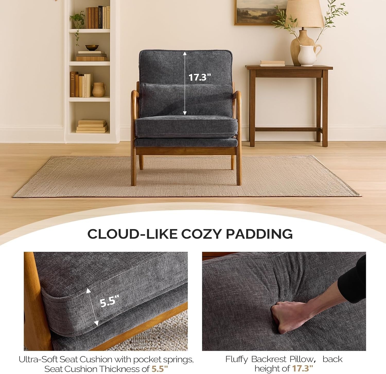 Dark Grey Chenille Accent Chair – Solid Wood Lounge Armchair