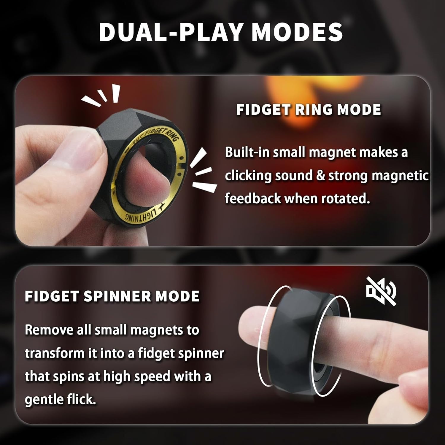 Black Fidget Ring Stainless Steel Anxiety Relief Spinner EDC