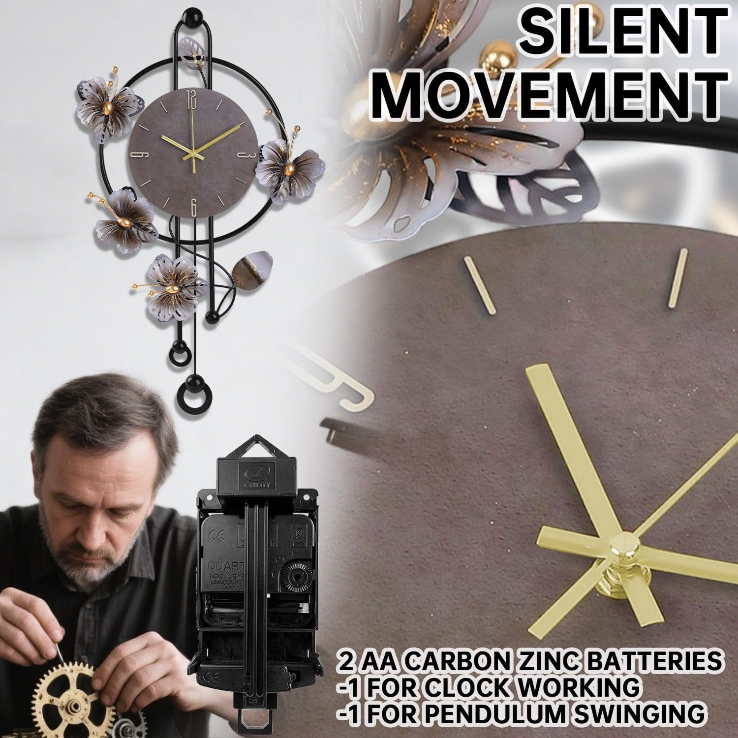Large Wall Clock 75cm Modern Metal Floral Design Silent Quartz Pendulum Decor