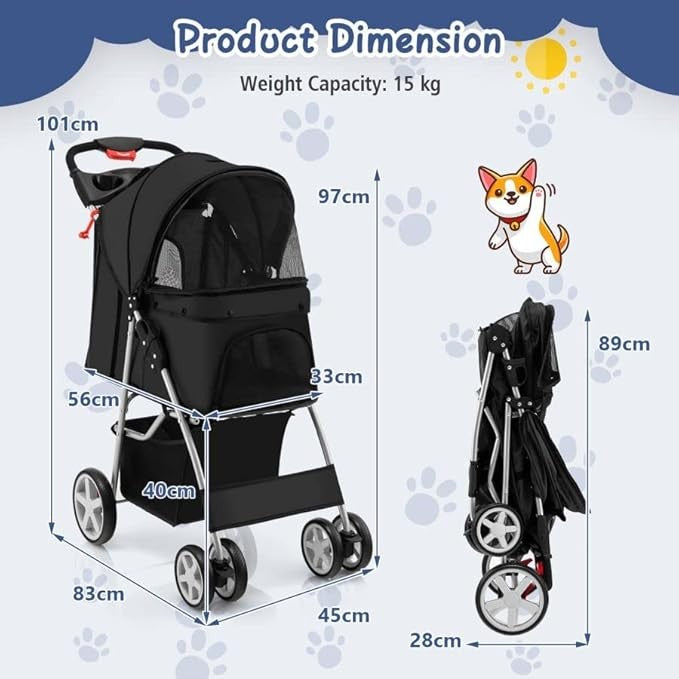 Pet Stroller Folding 4 Wheel Dog Cat Pushchair Travel Carrier with Safety Belt