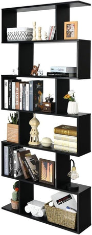 Modern 6-Tier S-Shaped Bookshelf Tall Freestanding Display Storage Unit Black