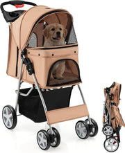 Beige Pet Stroller Foldable Dog Cat Pushchair 15kg Storage Basket