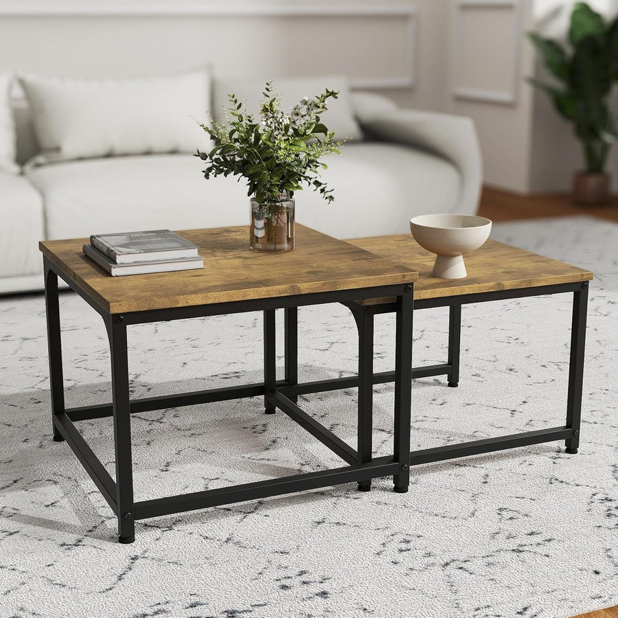 Modern Nesting Coffee Table Set 2 Round Black Metal Frame Wood Brown Square