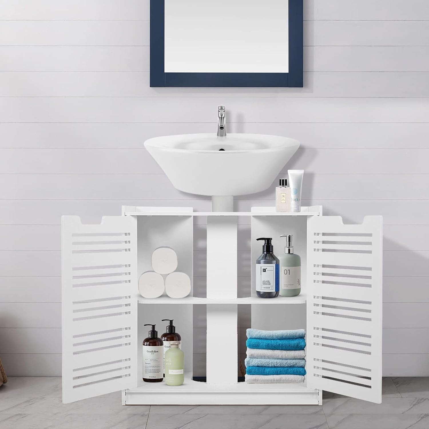 White Under Sink Bathroom Cabinet – Double Door Storage Cupboard 60cm Modern Van