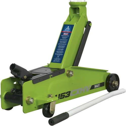 3 Ton Long Chassis Hydraulic Trolley Jack 140–432mm Heavy Duty Hi-Vis Green