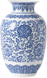 Blue White Ceramic Vase Chinoiserie Floral Decor Table Centerpiece 9 Inch