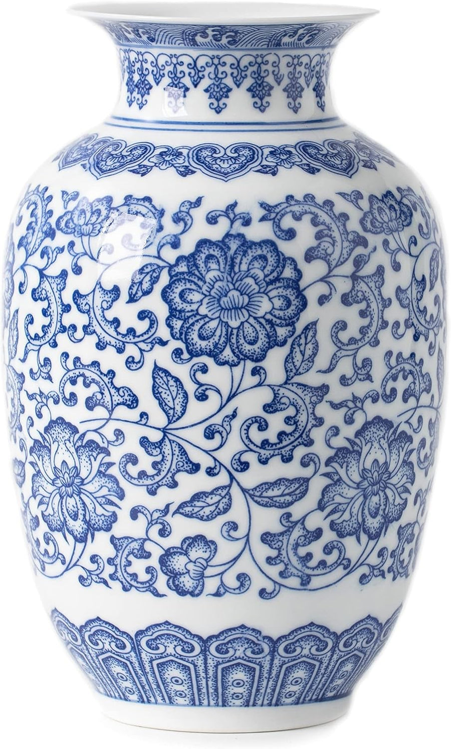 Blue White Ceramic Vase Chinoiserie Floral Decor Table Centerpiece 9 Inch