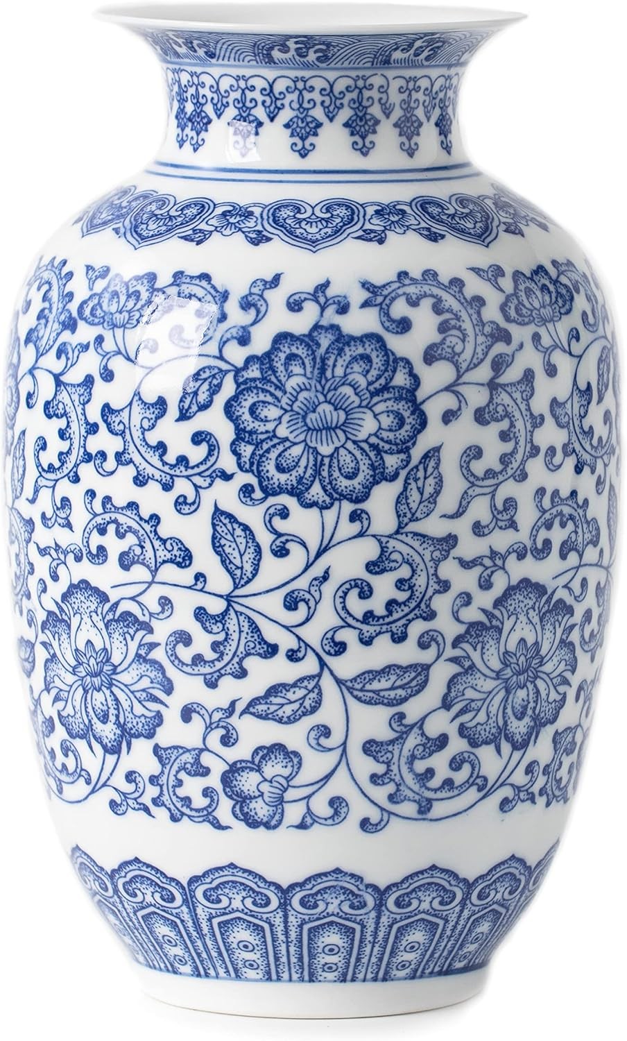Blue White Ceramic Vase Chinoiserie Floral Decor Table Centerpiece 9 Inch