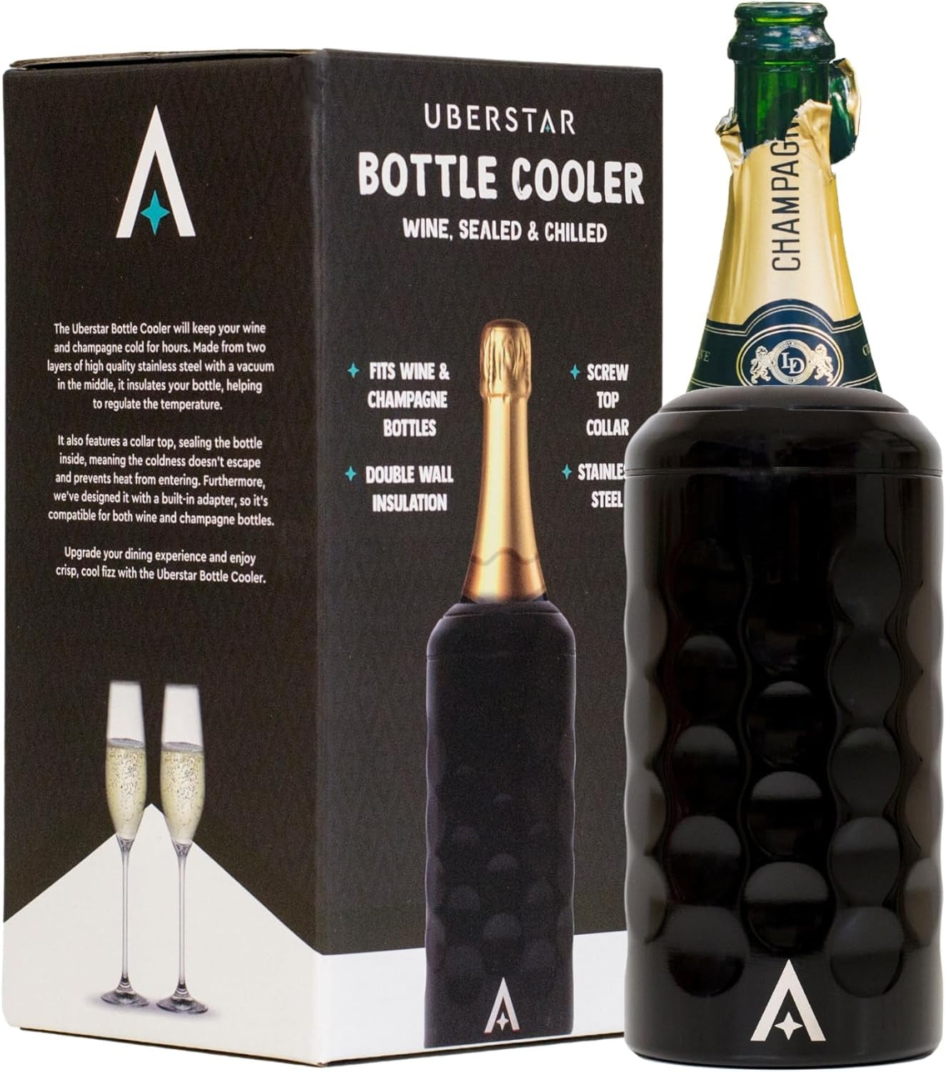 Wine Bottle Cooler Black Stainless Steel Double Wall Vacuum Chiller Gift