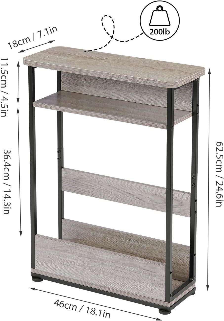 Vintage 3-Tier Narrow Side Table with Storage Shelf, Slim Nightstand for Small S