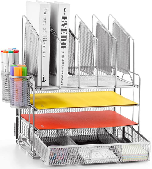 4-Tier Desk Organizer Tray Drawer 5 Vertical File & Pen Holders