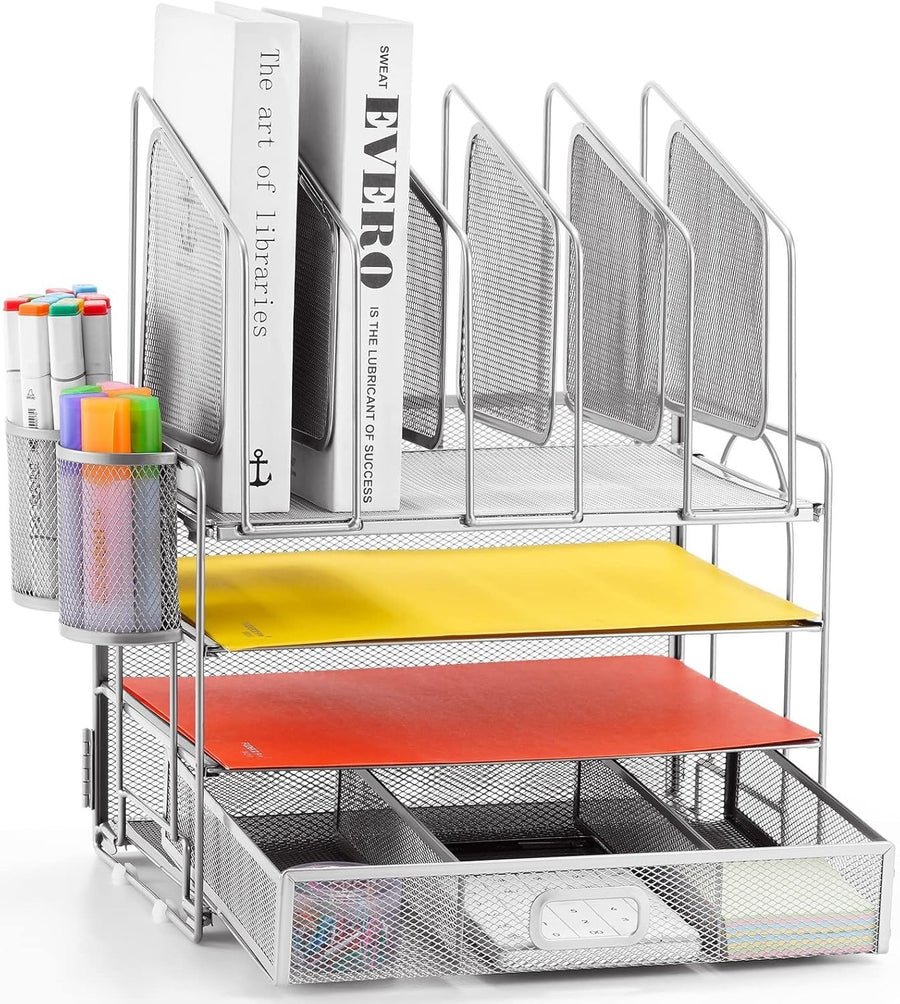 4-Tier Desk Organizer Tray Drawer 5 Vertical File & Pen Holders