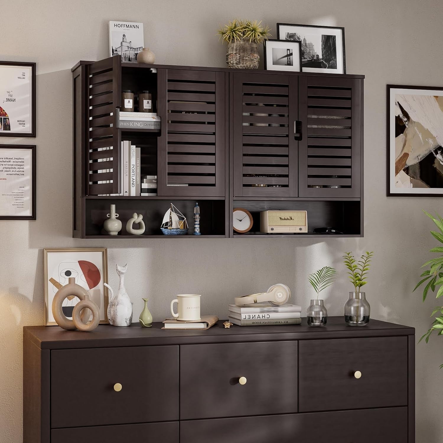 Brown Bathroom Wall Cabinet Storage – 2 Doors, Adjustable Shelves, Over Toilet