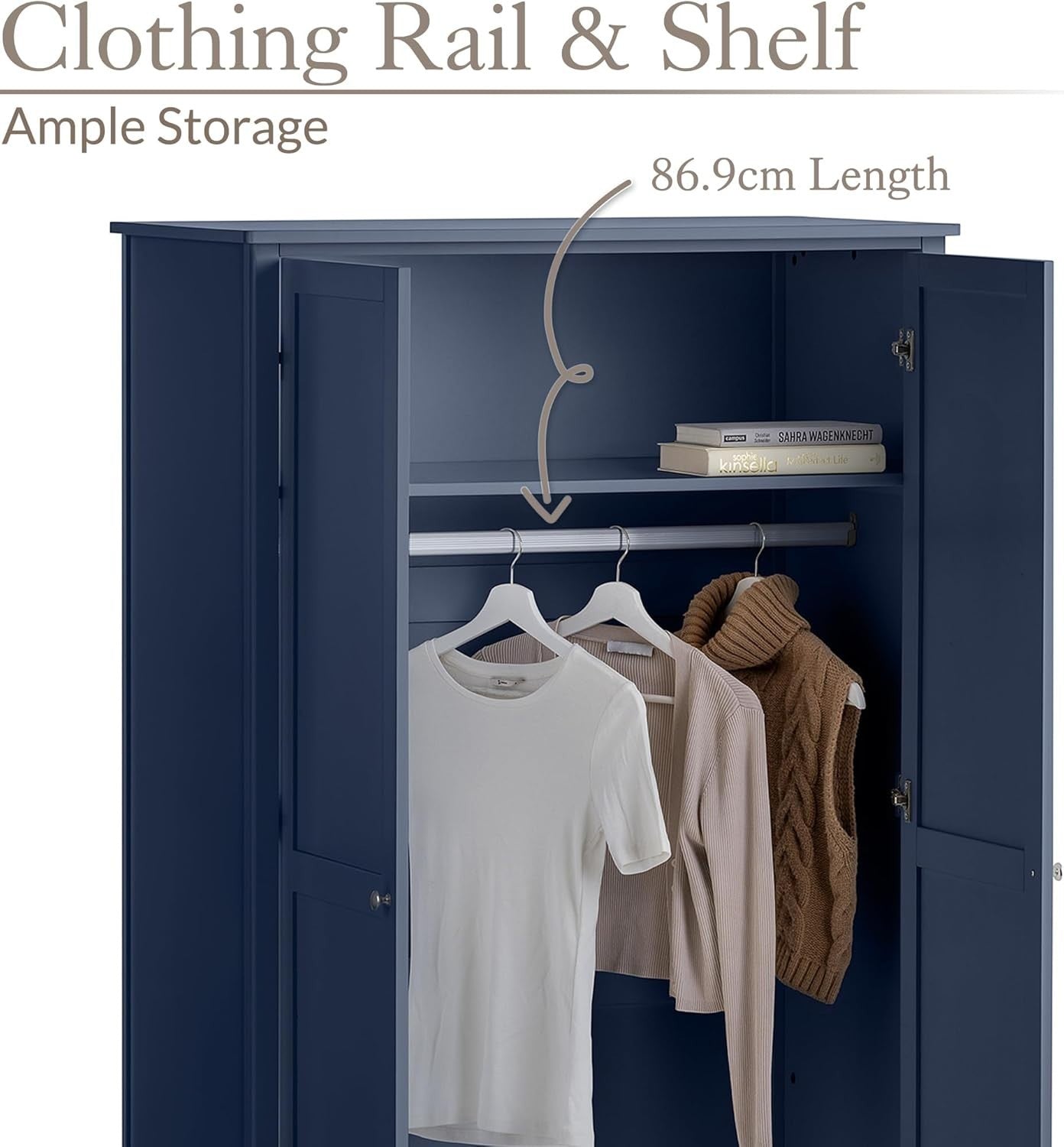 Navy Blue Double Wardrobe with Drawer | Soft Close Doors | Clothes Rail