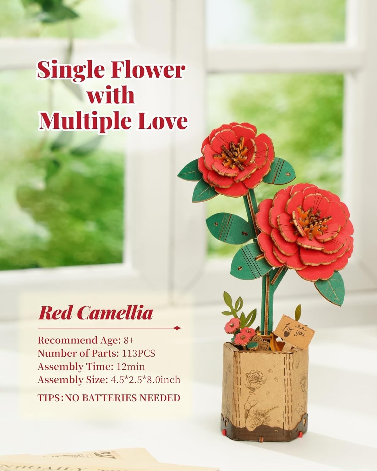 3D Wooden Flower Puzzle Kit Red Camellia – DIY Gift & Home Decor Craft