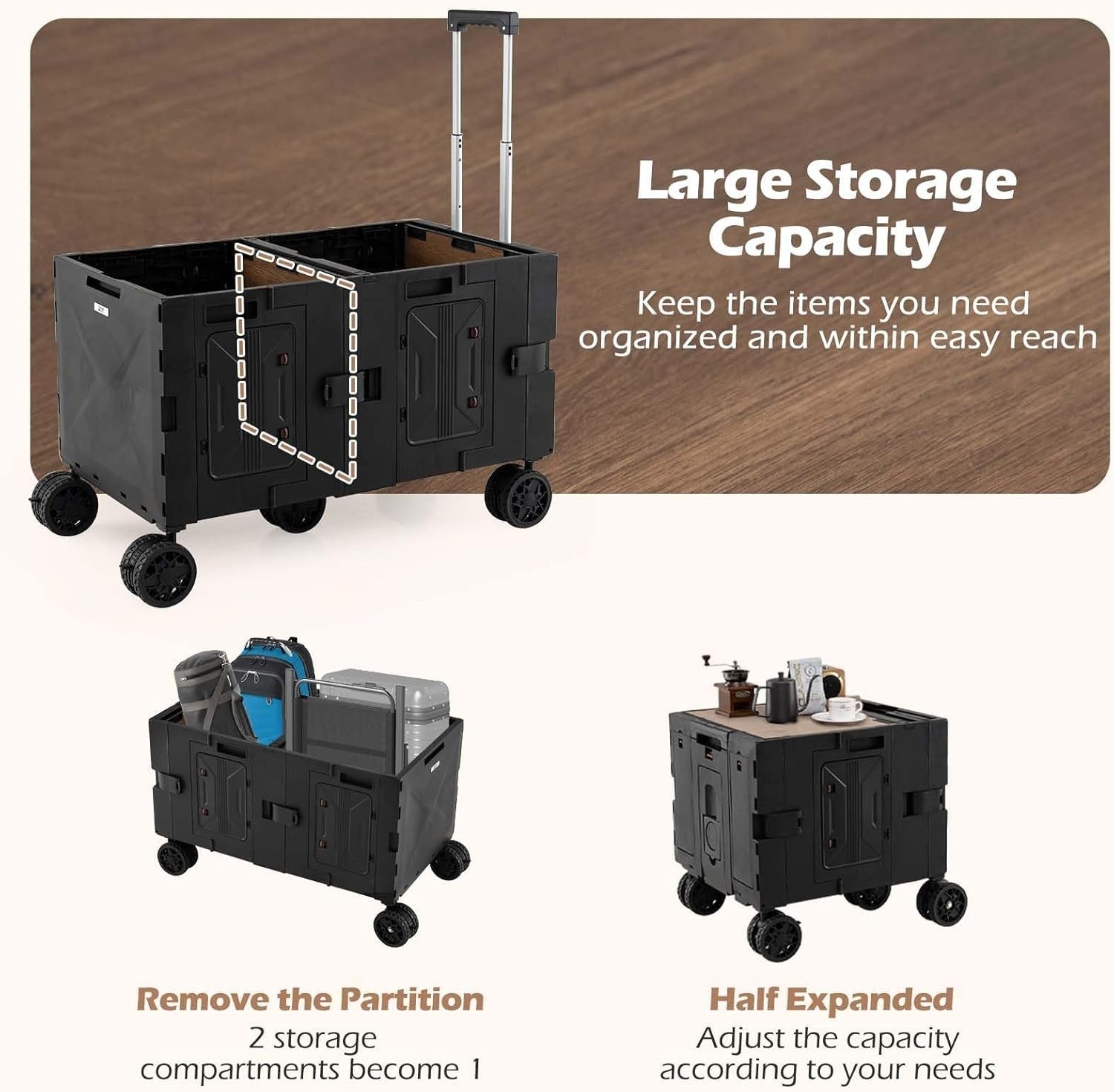 150L Folding Utility Trolley Cart Heavy Duty Wagon 5 Wheels Tabletop Black