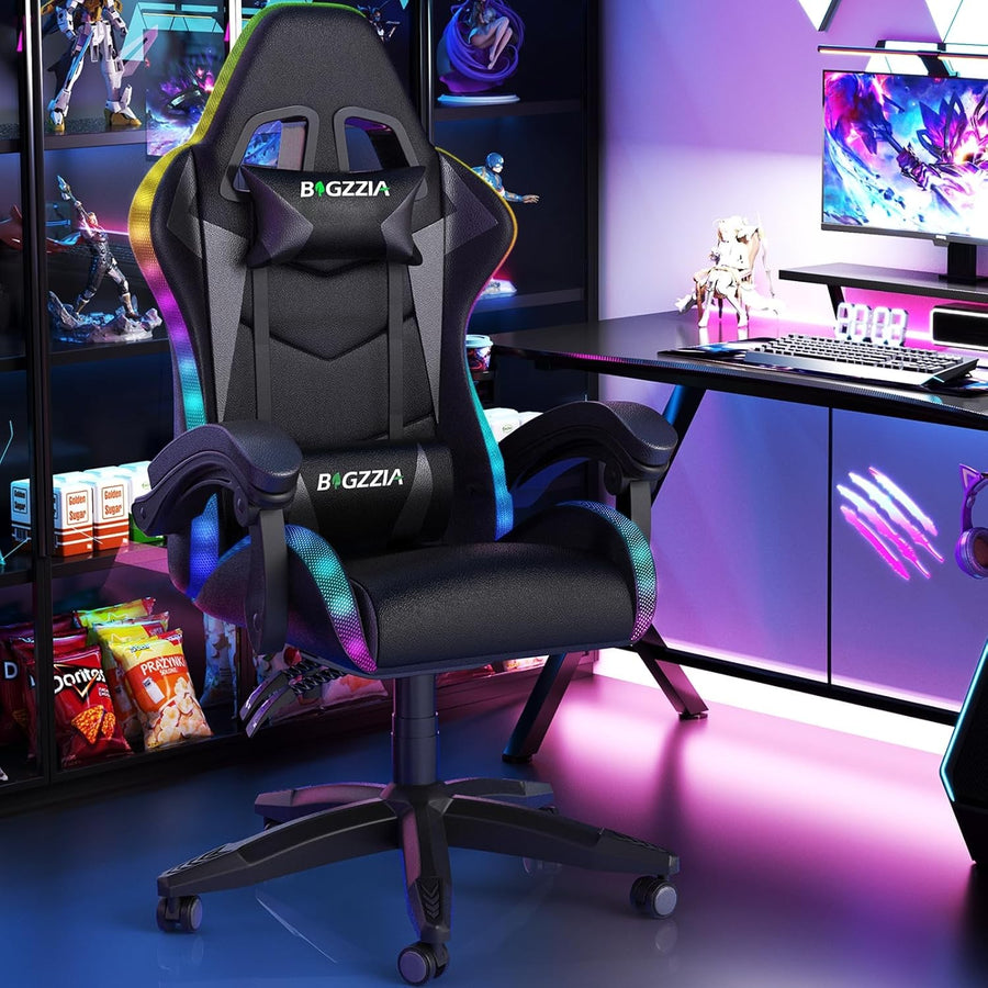 RGB Gaming Chair LED Lights Reclining PU Leather Swivel Black