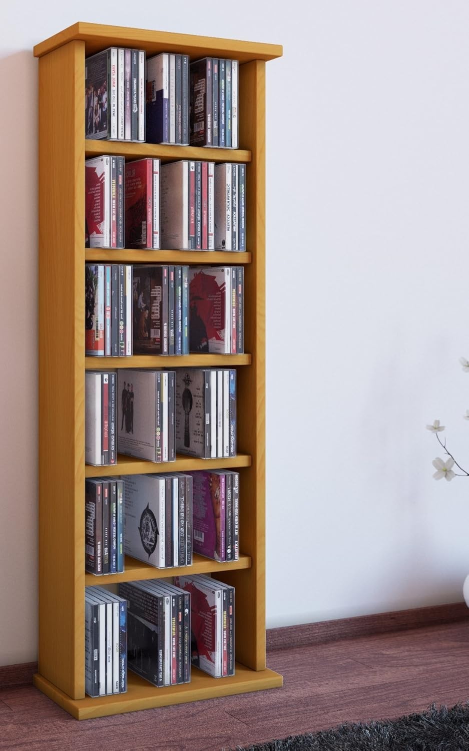 CD DVD Storage Tower Media Cabinet Shelf Holds 150 CDs 65 DVDs Beech