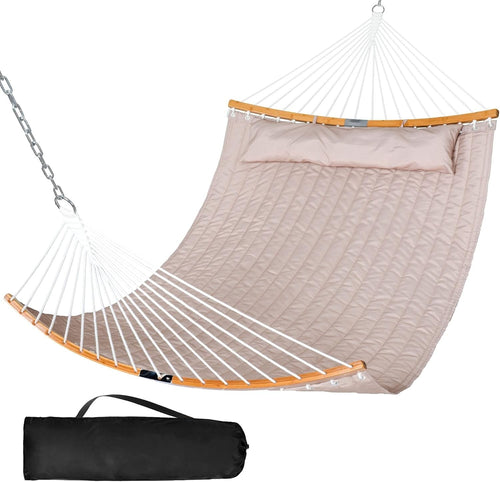 Luxury 13.8FT Double Hammock with Pillow & Curved Bamboo Spreader Bar, 450lbs