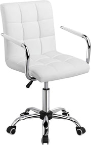 White Adjustable Office Chair Swivel Desk Chair Faux Leather Home Study Seat
