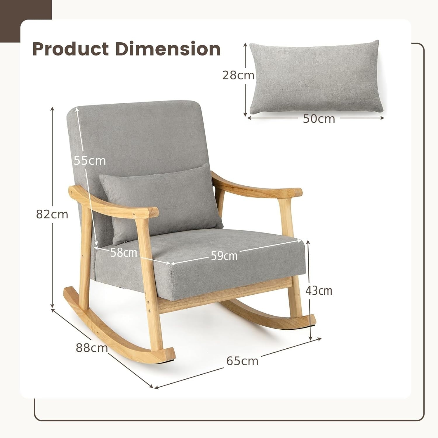 Modern Rocking Chair Wooden Frame Linen Seat, Comfy Lounge Armchair 88x65x82cm