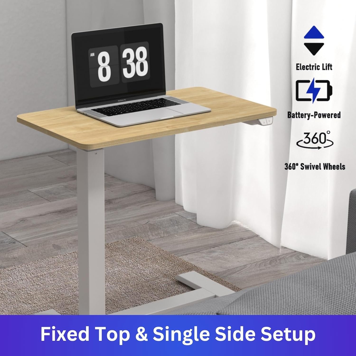 Electric Standing Desk on Wheels Height Adjustable Overbed Laptop Table Oak