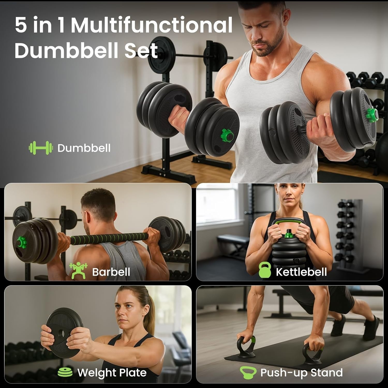 20kg Adjustable Dumbbell Set Home Gym Weights Barbell Kettlebell Push Up Kit