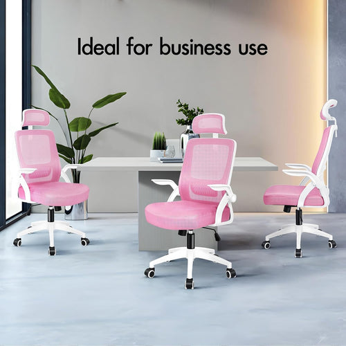 Ergonomic Mesh Office Chair Pink Adjustable Headrest Flip Arms Swivel 180kg