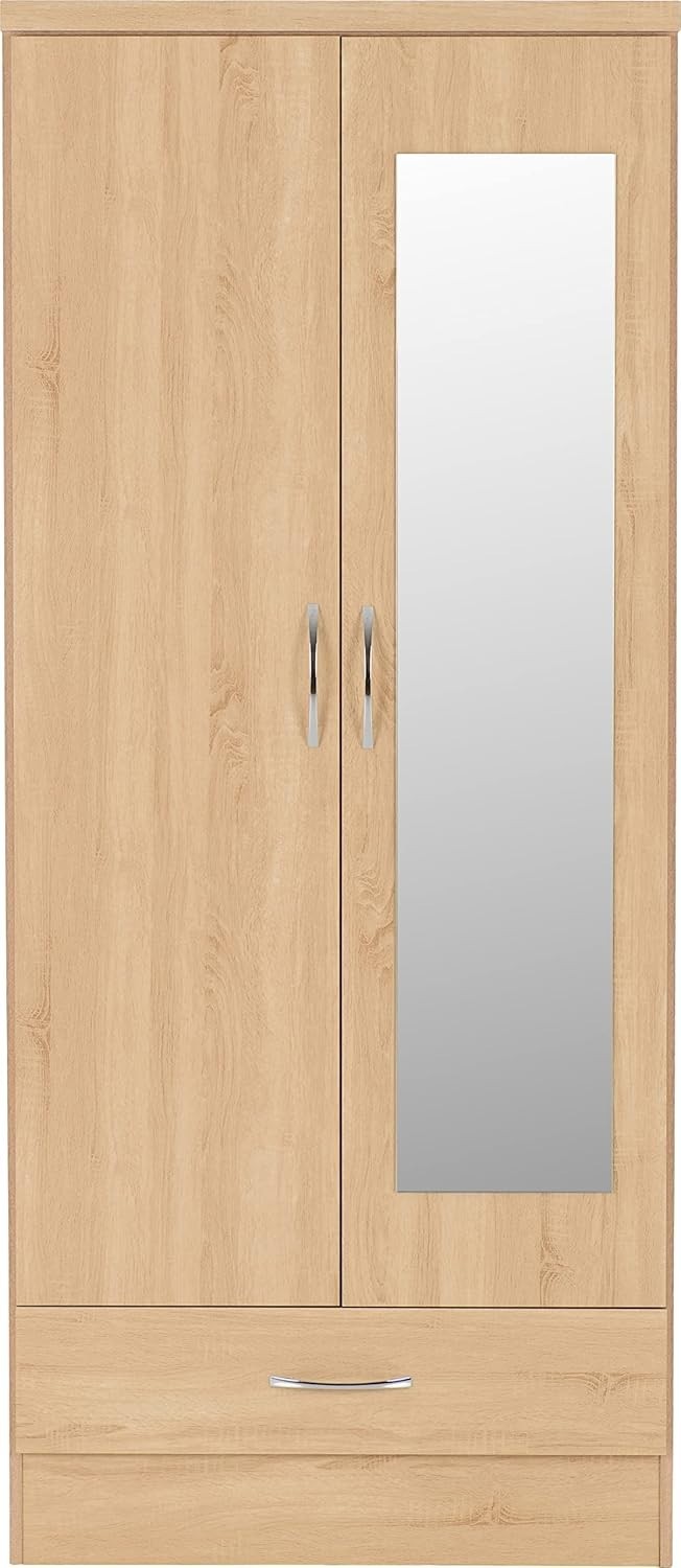 Mirrored 2 Door Oak Effect Wardrobe with Drawer – Bedroom Storage Unit