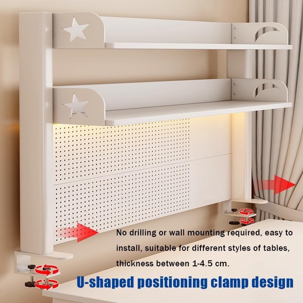 108x63cm Clamp-On Desktop Bookshelf 3-Tier Desk Hutch Pegboard Organizer Shelf
