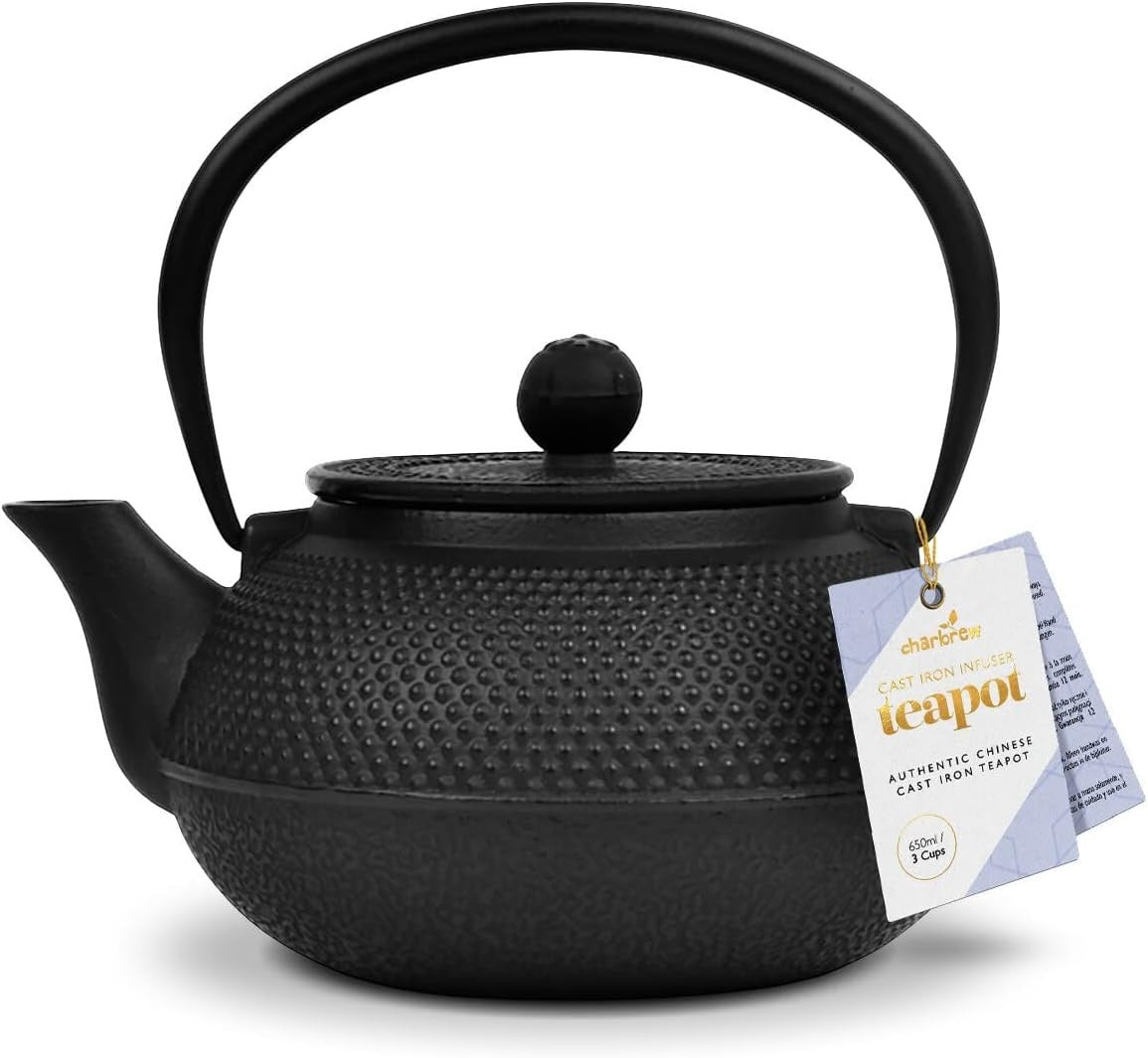 Cast Iron Teapot 650ml Chinese Tetsubin Tea Pot w Infuser Black Hobnail