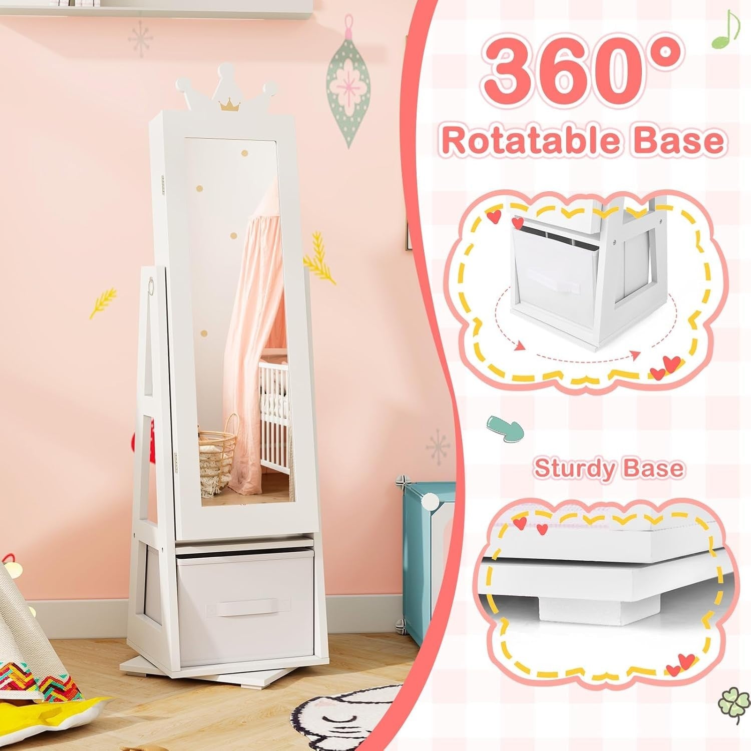Kids Jewelry Cabinet 360° Swivel Mirror Organizer Girls Dress Up Vanity