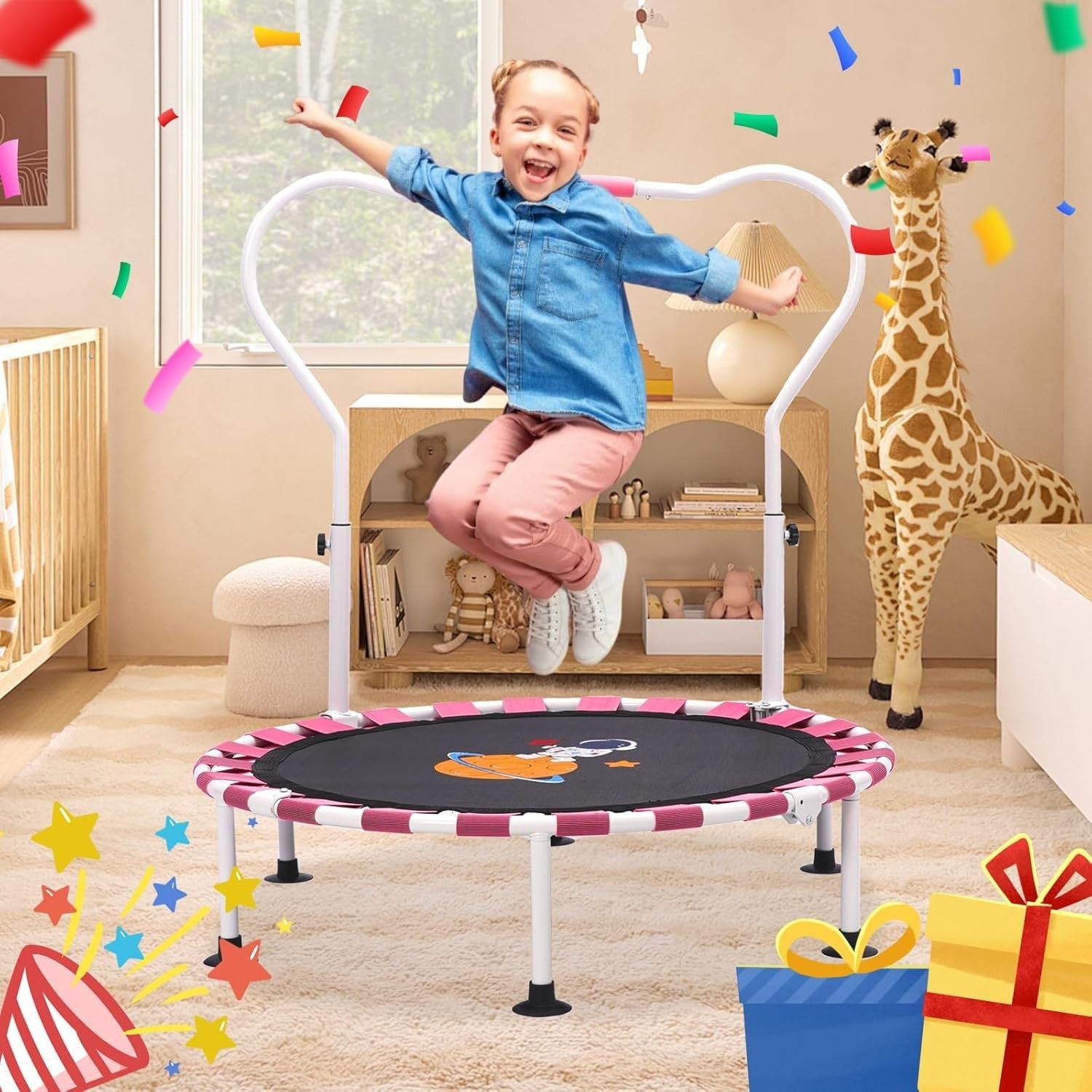 39in Toddler Trampoline Height Adjustable Foldable Kids Indoor Pink